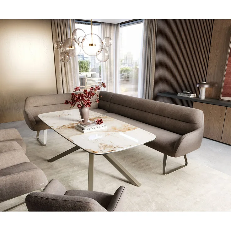 Esszimmerbank Taya-Flex 285x190 cm Strukturstoff Soft Taupe Kufengestell flach Effektfinish Titan Taschenfederkern Rechts