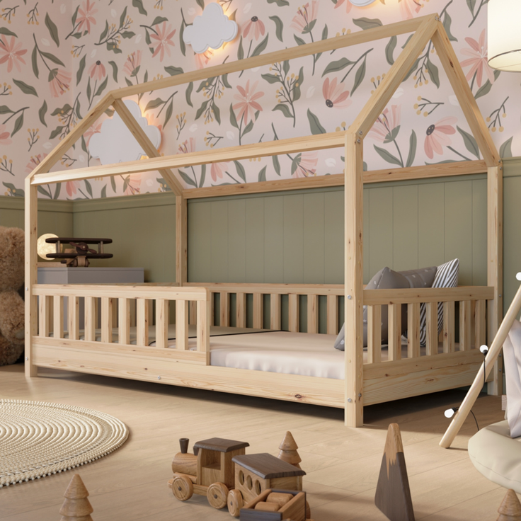 Crazy Pine 'Crazy Blanco' Hausbett mit Rausfallschutz, Skandinavisches Design, Naturholz, Natur, 100x190 cm, mit Höhenverstellbaren Beinen