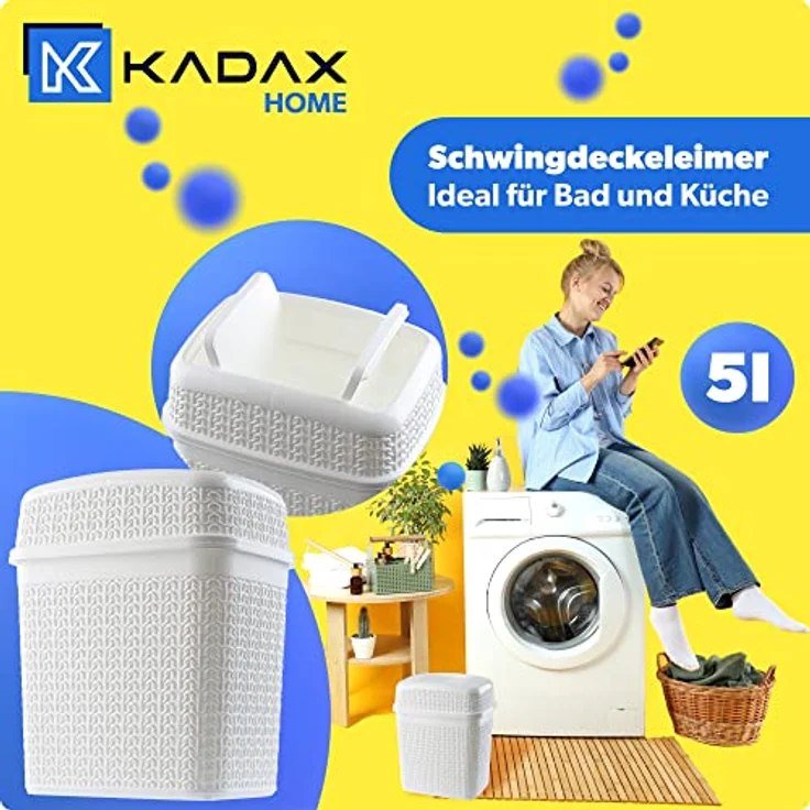 KADAX Kosmetikeimer, Schwingdeckel Abfalleimer für Bad und Küche, 5L, weiß, leichter Kunststoff-Mülleimer mit dichtem Deckel – Bild 2