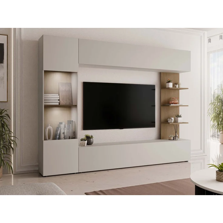 Wohnwand Lazando, mit weißer LED Beleuchtung, Farbe: Cashmere + Cremona Eiche – Bild 2