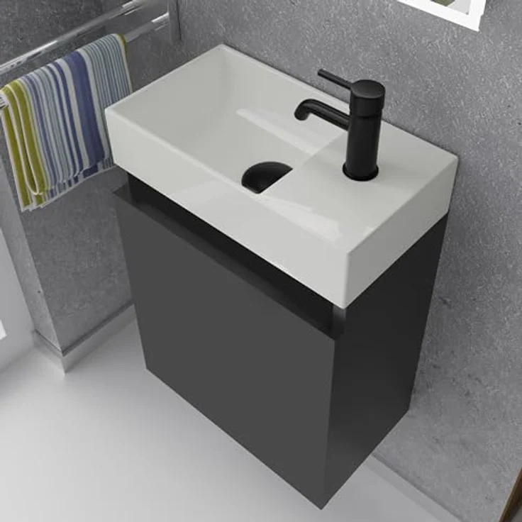 Alpenberger Badmöbel-Set Gäste WC Waschbecken mit Unterschrank - Badschrank Hängend, (2-tlg. Waschtisch Set Schwarz Matt, Waschbeckenunterschrank mit Softclose), Waschplätze für Kleine Bäder - Badschrank Hängend und Vormontiert – Bild 4
