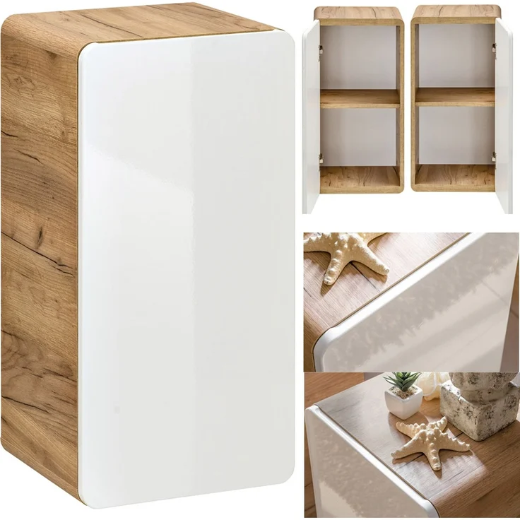 Badezimmer Set 7-tlg in Hochglanz weiß mit Wotan Eiche Nb. LUTON-56 mit LED-Spiegelschrank, B/H/T ca. 180/200/46 cm – Bild 7