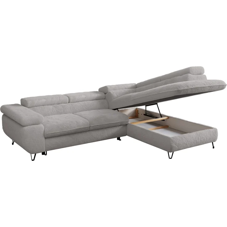 Ecksofa mit Bettfunktion, Modern Sofa, L-form, Einstellbare Kopfstützen, Bettkasten - PETER - Hellgrau Plüsch - Topper T25 - rechts – Bild 3