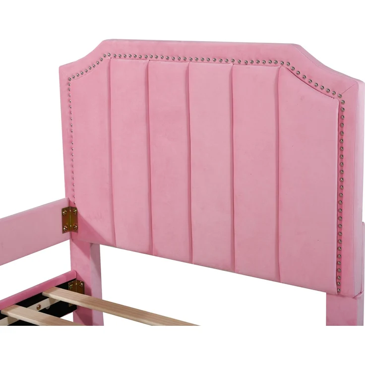 Kinder Polsterbett mit Bogendesign, Flanellbezug, dekorativen Nieten, weichem Rahmen, vielseitig nutzbar als Schlafsofa – Bild 9