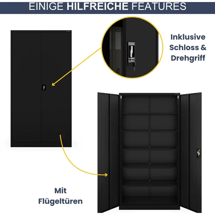 Aktenschrank abschließbar KADO - 6 Ebenen verstellbar, Flügeltüren | Metallschrank Werkstatt Mehrzweckschrank Büroschrank aus Stahl Werkzeugschrank, 220 x 115 x 40 cm Schwarz – Bild 5
