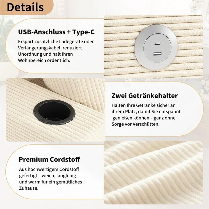 Merax Schlafsofa XXL-Doppelsofa mit Schlaffunktion und USB-Anschluss, Doppelschlafsofa für Wohnzimmer, Schlafzimmer und Heimkino 1 Teile, Relaxsofa Sofa mit 360° Handyhalterung, Getränkehaltern & Kissen – Bild 3