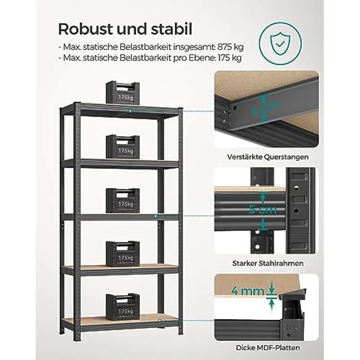 SONGMICS Schwerlastregal, 2er Set, Kellerregal, Lagerregal, 40 x 90 x 180 cm, Regal mit Stahlgestell, jeweils bis 875 kg belastbar, 5 verstellbare Ablagen, grau GLR040G02 – Bild 5