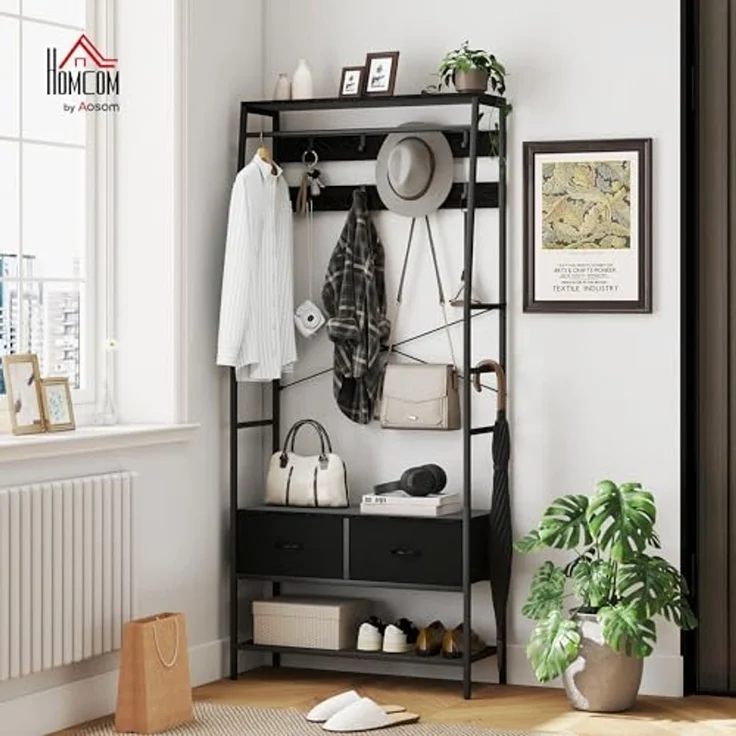 HOMCOM Garderobenständer mit Schuhregal, 2 Schubladen, 8 Haken, Ablage, (Kleiderständer, 1 St, Garderobe), für Eingangsbereich, Flur, Schlafzimmer, Schwarz – Bild 2