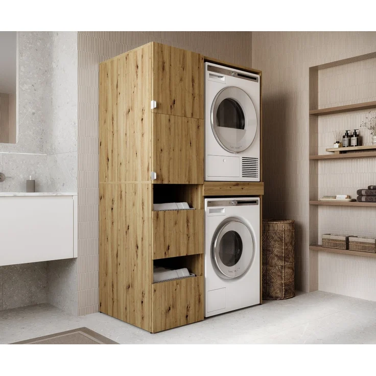 PLATAN ROOM Hochschrank Badschrank Waschmaschine Trockner Schrank Waschmaschinenschrank für Waschmaschine & Wäschetrockner Überbauschrank 187 x 65 x 45/66 cm Badregal (Eiche Artisan, 111 cm (45+66)) – Bild 2