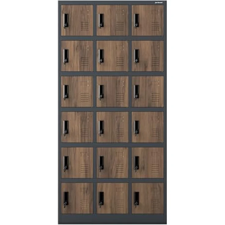 Jan Nowak Umkleideschrank 3B6A Fächerschrank Schließfachschrank mit 18 Fächern Metall Pulverbeschichtung 185 cm x 90 cm x 40 cm (Anthrazit-Holz) – Bild 3