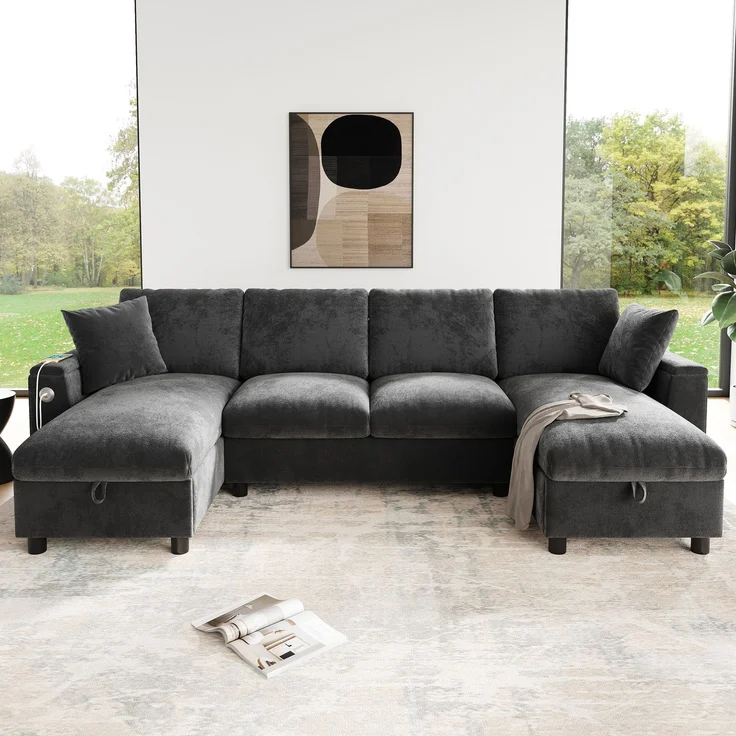 Chenille-U-Sofa mit 2 Stauraum-Chaiselongues, USB und USB-C, gepolsterte modulare Wohnlandschaft 279 cm mit Taschenfederkern, Grau – Bild 11