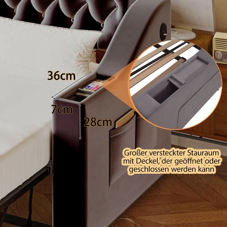 Schlafsofa Polsterbett, 2-Sitzer auf 90/180 x 190 cm erweiterbar, mit breiten und dicken Armlehnen, USB-Ladeanschluss, integrierte Ablage in Armlehnen, Ablagetaschen, mit Lattenrost, Samtstoff, dunkelgrau, 90/180 x 190 cm – Bild 5