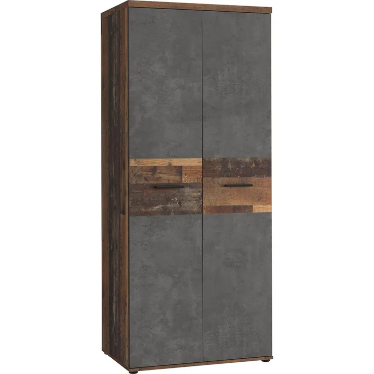 Forte Winnie Kleiderschrank 80, rustikaler Drehtürenschrank, 2-türig, Einlegeböden, geräumig, Old Wood Vintage Holzdekor/Betonoptik Dunkelgrau, 79,9 cm breit x 189 cm hoch x 53,7 cm tief