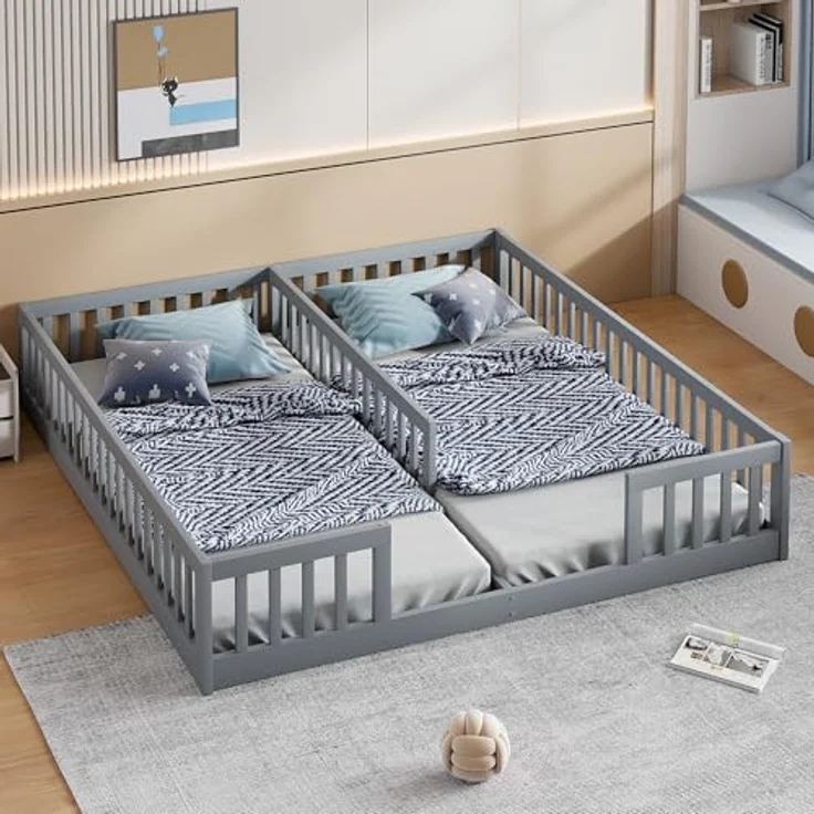 FAVSH Bodenbett 90x200 cm, Doppelbett mit Sicherheitsgitter & Lattenrost Stabiles Jugendbett, Holzbett Jugendbett aus Kiefer für Familien mit 2 Kindern, Kiefernholz, Minimalistischer Stil(Grau – Bild 1