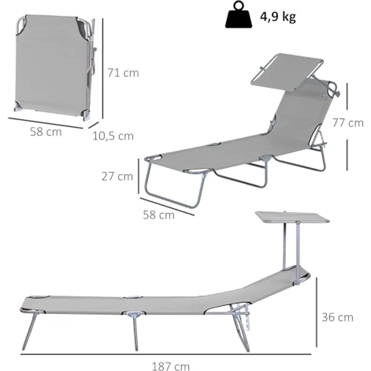 Outsunny Sonnenliege klappbar Gartenliege mit Dach, Liegestuhl mit 4-Fach verstellbare Rückenlehne, wetterfeste Campingliege bis 120 kg belastbar, für Garten Strand Pool, Hellgrau – Bild 3