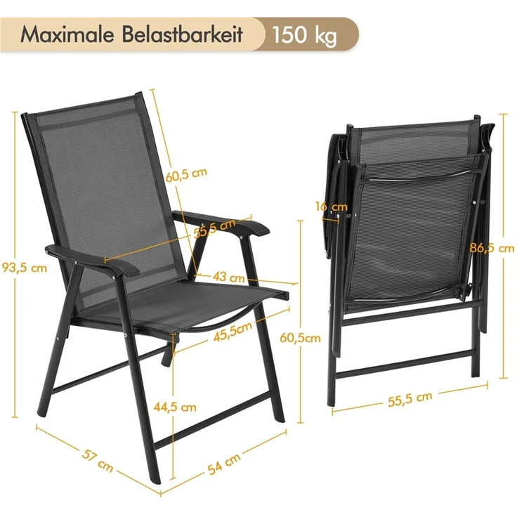 Yaheetech 2er Set Gartenstühle mit Armlehnen, klappbar, bis 150 kg, Metall Schwarz – Bild 4