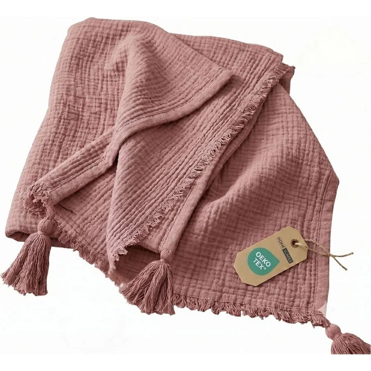 Plaid Musselin-Decke rosa mit Quasten, 127 x 180 cm – 100 % Baumwolle, Homescapes – Bild 1