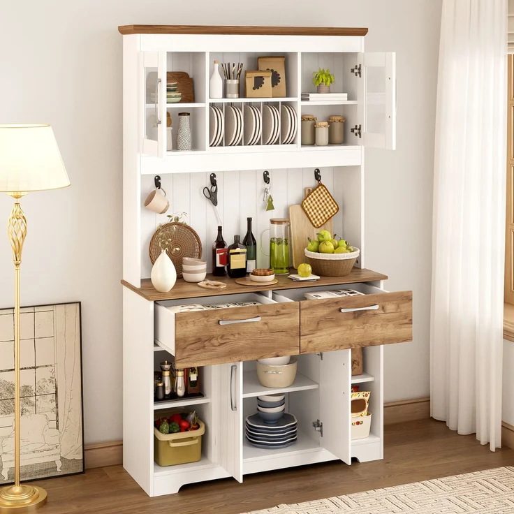 Merax 176.5cm Küchenbuffet Schrank mit Stauraum, Küchenschrank mit Vitrinenfächern, 2 Schubladen, Türen und Hakenleiste – Buffetschrank, Weiß + Holzfarbe – Bild 5
