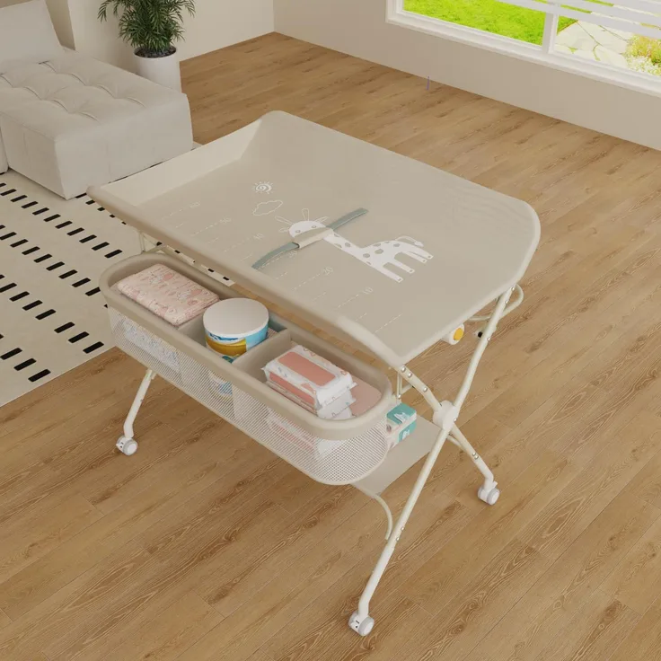 Wickeltisch, zusammenklappbar, mit Aufbewahrungskorb, Struktur aus Eisen, max. Belastung 25 kg, für Neugeborene, ergonomisches Design, Wickeltisch, 75 x 68 x 83–91 cm (A) Cremeweiß