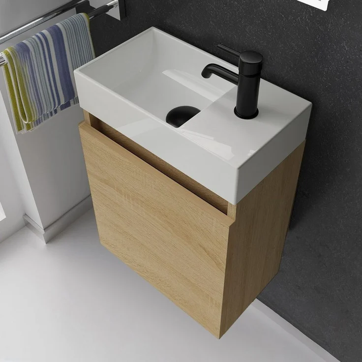 Alpenberger Badmöbel-Set Gäste WC Waschbecken mit Unterschrank - Badschrank Hängend, (2-tlg. Waschtisch Set Eiche Hell, Waschbeckenunterschrank mit Softclose), Waschplätze für Kleine Bäder - Badschrank Hängend und Vormontiert – Bild 2
