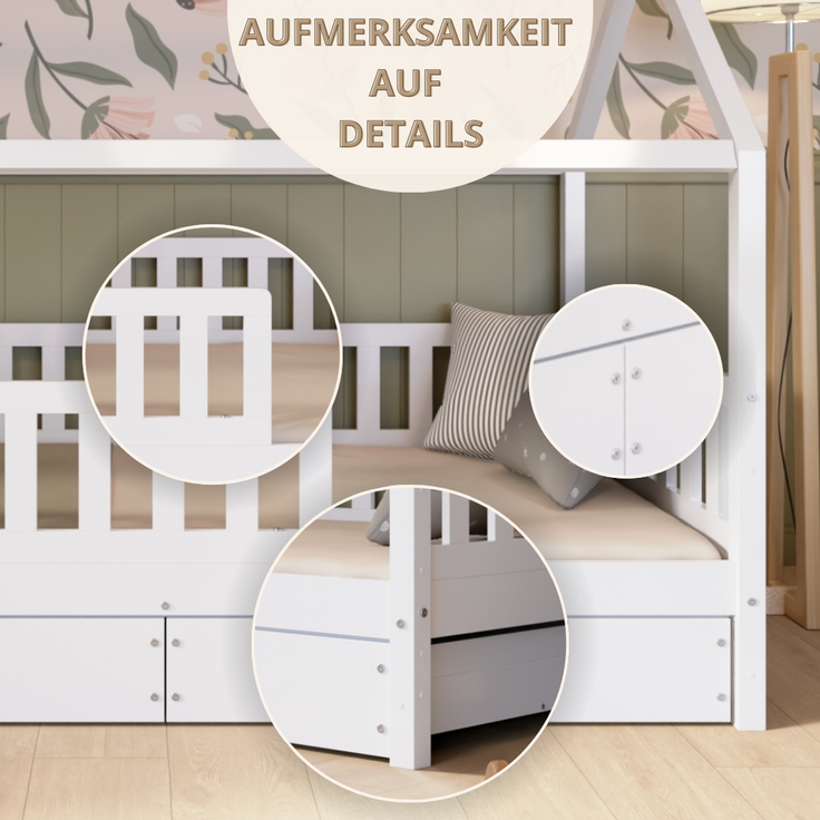 Crazy Pine 'Crazy Blanco' Hausbett mit Rausfallschutz, Skandinavisches Design, Naturholz, Weiß, 100x190 cm, mit Schubladen – Bild 9