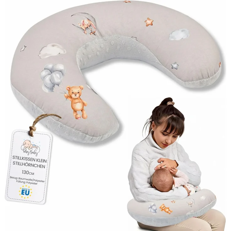 Totsy Baby Stillkissen klein Mond Minky 130 cm - Nursing und Breastfeeding Pillow Stillmond Stützkissen Stillhörnchen kleines Still Kissen und Lagerungskissen beim Stillen Oeko-Tex Teddybären