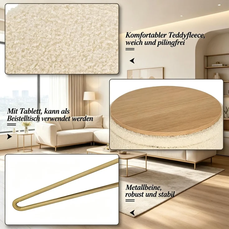 Fußhocker,Beistelltisch,Runder Hocker mit Aufbewahrungsraum,Couchtisch,Umkleidetisch Hocker(nur mit 1Pcs Fußhocker)--Beige--39x39x44cm--YOUDENOVA – Bild 2