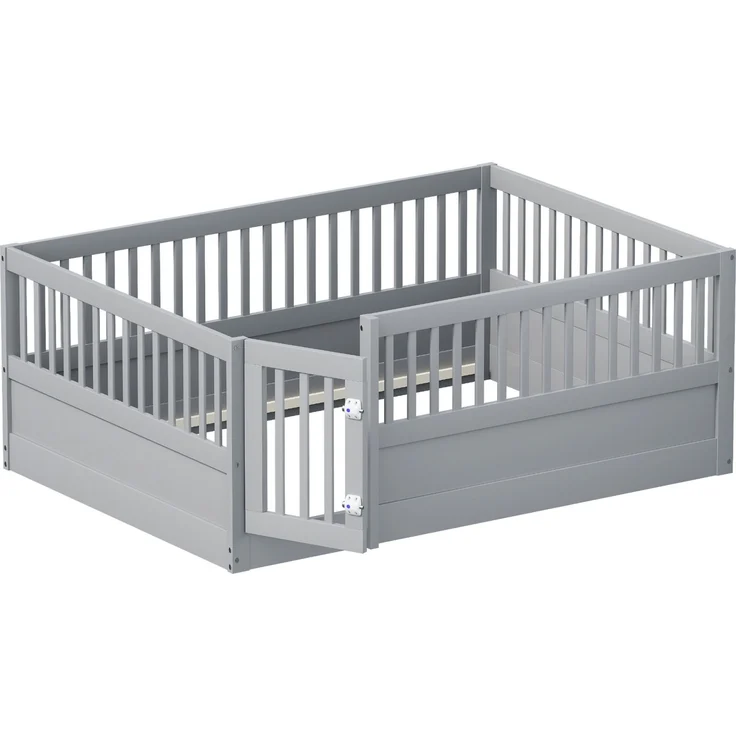 Kinder Bodenbett aus massivem Kiefernholz 140x200 cm mit Zaun & Tür,sicheres Spielbett,offenes Hausbett,Grau – Bild 6