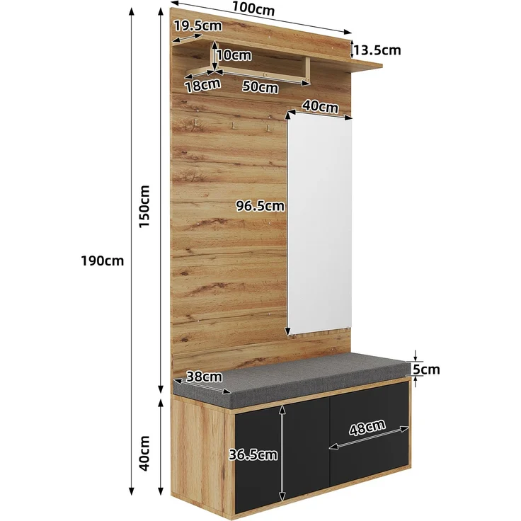 Kleiderschranksets, Kompaktkleiderschränke, Flurschränke mit Spiegeln und Kissen sowie Garderobenpaneele am Eingang.(Not a one-piece product, holes need to be drill on the wall)--Schwarz--100x38x190cm--YOUDENOVA – Bild 5