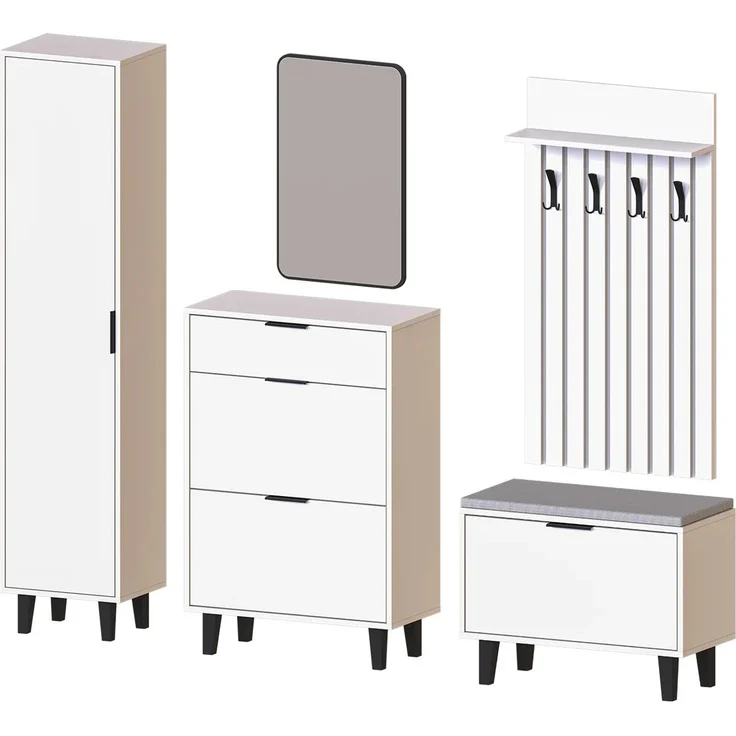 Roomart NORD Garderobenset 5-teilig – Hochschrank, Schuhschrank, Sitzbank, Garderobenpaneel & Spiegel – Flurgarderobe – H 199 x B 45 x T 35 cm (Hochschrank) • Weiß – Bild 8