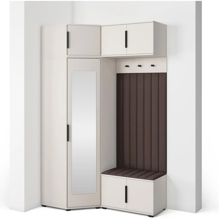 Garderoben-Set Napoli Version 23: Eckschrank mit Polsterpaneelen, Schuhschrank und Schrankaufsatz Flur und Eingangsbereich (Cashmere/Trinity 08), 229 x 40 x 140 cm – Bild 1
