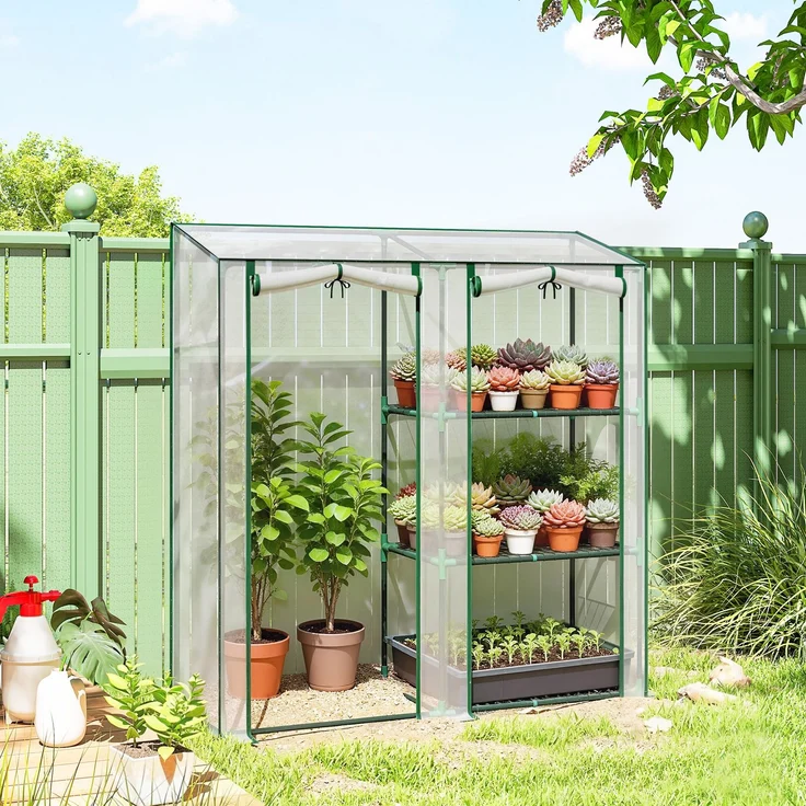 Wohnora-Gartengewächshaus mit 3 Regalböden, kleines Gewächshaus aus PVC-Plane und Stahlrahmen, 2 Rolltüren, transparent,H 1510cm x T 750cm x B 450cm,Transparent – Bild 2