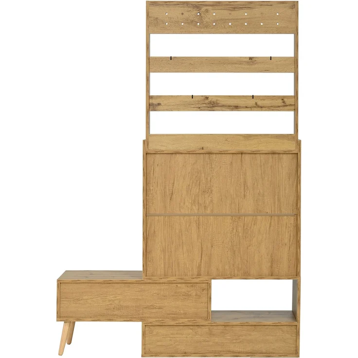 Flieks Garderobenschrank mit drehbarer Sitzbank, 2 PVC-Geflechttüren, Schuhablage und Kleiderhaken, 123.5 x 35 x 180 cm, Naturholzoptik – Bild 10