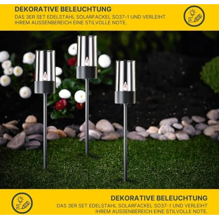 MeLiTec LED Solarleuchte Edelstahl Solarfackel, SO37-1, LED fest integriert, warmweiß, 3er Set – Bild 2