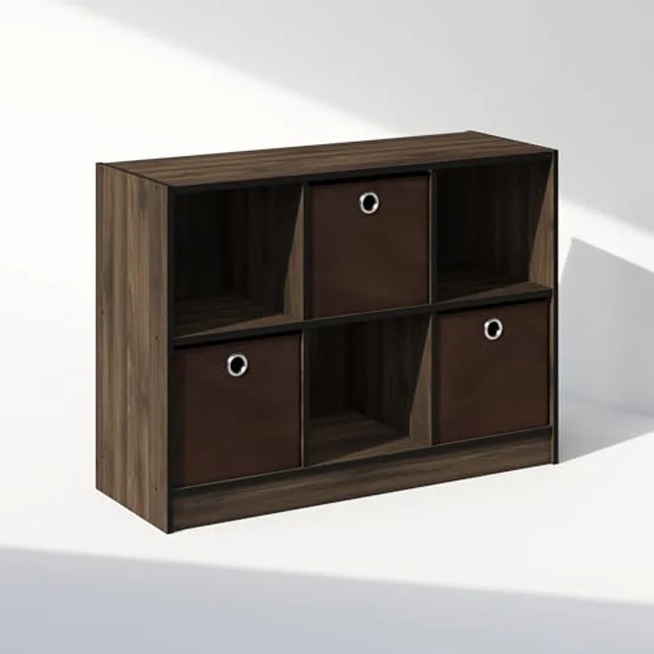 Furinno Cubic Kleiderschrank-Organizer und Aufbewahrung, 6-Fach Würfelregal mit Boxen, Offenes Regal Kleiderschrank-Aufbewahrung, Columbia Walnuss/Dunkelbraun – Bild 4