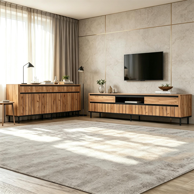 Merax Sideboard (160 x 40 x 73 cm) + viertüriger TV-Schrank (180 x 40 x 52 cm) in Naturholzfarbe mit schwarzen Akzenten, geeignet für einen 75-Zoll-Fernseher – Bild 5