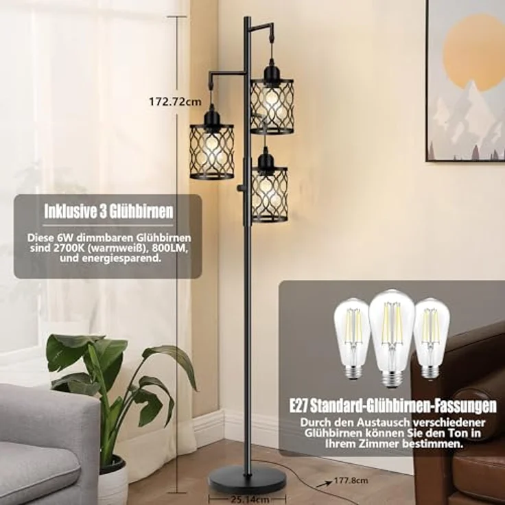 ROTTOGOON dimmbare 3-flammige Landhaus-Standleuchte 172cm - Industrielle Stehlampe mit 3x6W LED für Wohnzimmer, Schlafzimmer & Büro - Rustikale Stehleuchte, Schwarz – Bild 4