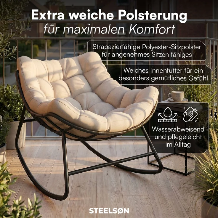 STEELSØN 'Veldora' Schaukelstuhl, schwarzes Polyrattan, Kissen beige, ergonomischer Relaxsessel, bis 125kg, XXL Schaukelsessel 75×100×65 cm – Bild 6