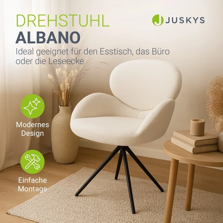 Juskys Drehstuhl Albano - Bouclé - 360° drehbar & gepolstert, pflegeleichter Bezug, verstellbare Metallfüße, modern für Esszimmer & Küche - Creme – Bild 2