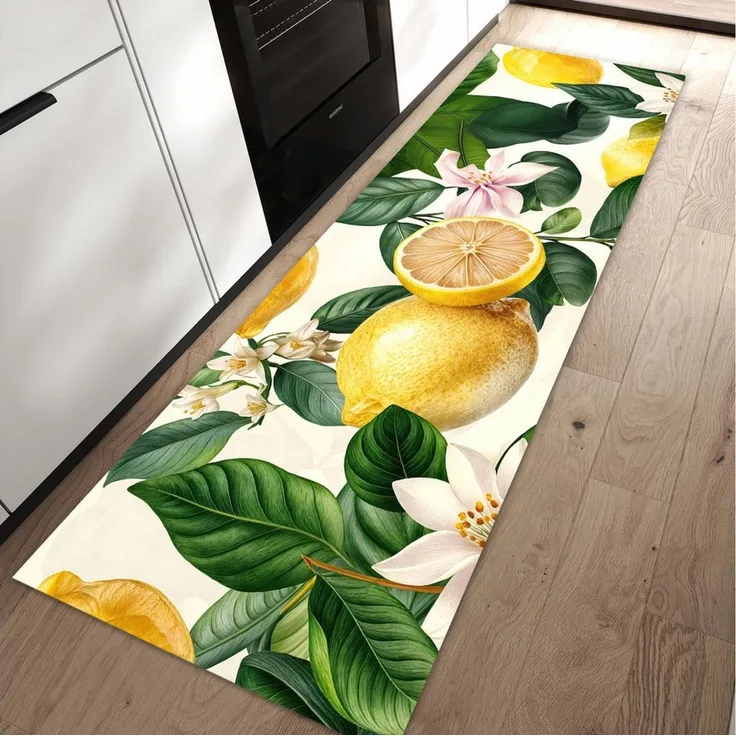 Primedeco Teppich Küchenteppich Zitronenblumen PVC rutschfest abwaschbar Läufer, Rechteckig, Höhe: 3 mm, Pflegeleicht & Wasserabweisend