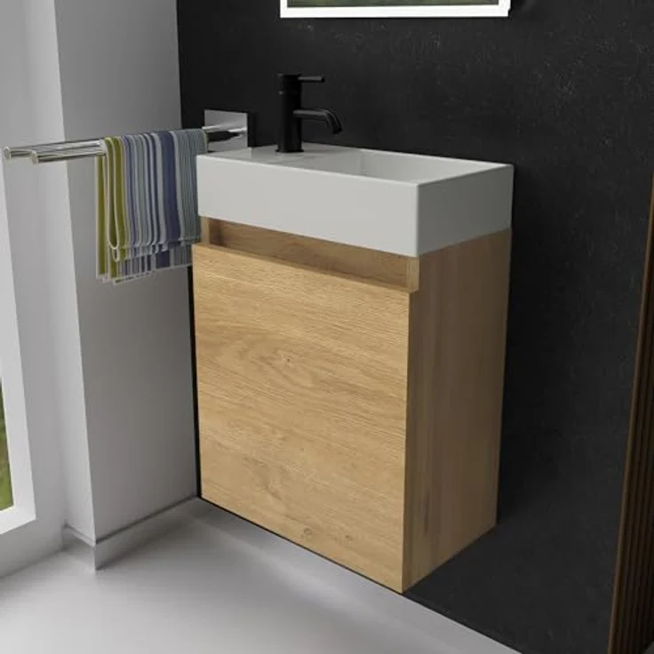 Alpenberger Badmöbel-Set Gäste WC Waschbecken mit Unterschrank - Badschrank Hängend, (2-tlg. Waschtisch Set Eiche Natur, Waschbeckenunterschrank mit Softclose), Waschplätze für Kleine Bäder - Badschrank Hängend und Vormontiert – Bild 2