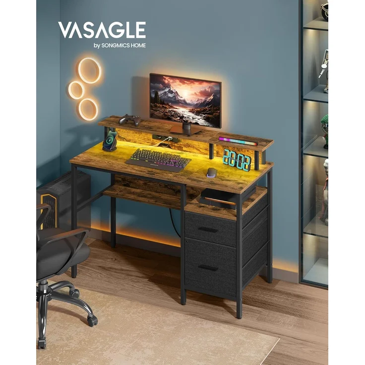 VASAGLE Schreibtisch mit Stoff-Schubladen, Computertisch mit Monitorständer, LED-Beleuchtung, 55 x 120 x 90 cm, eingebaute Steckdosen, 2 USB-A-Anschlüsse, für Homeoffice, vintagebraun LWD093K01 – Bild 3