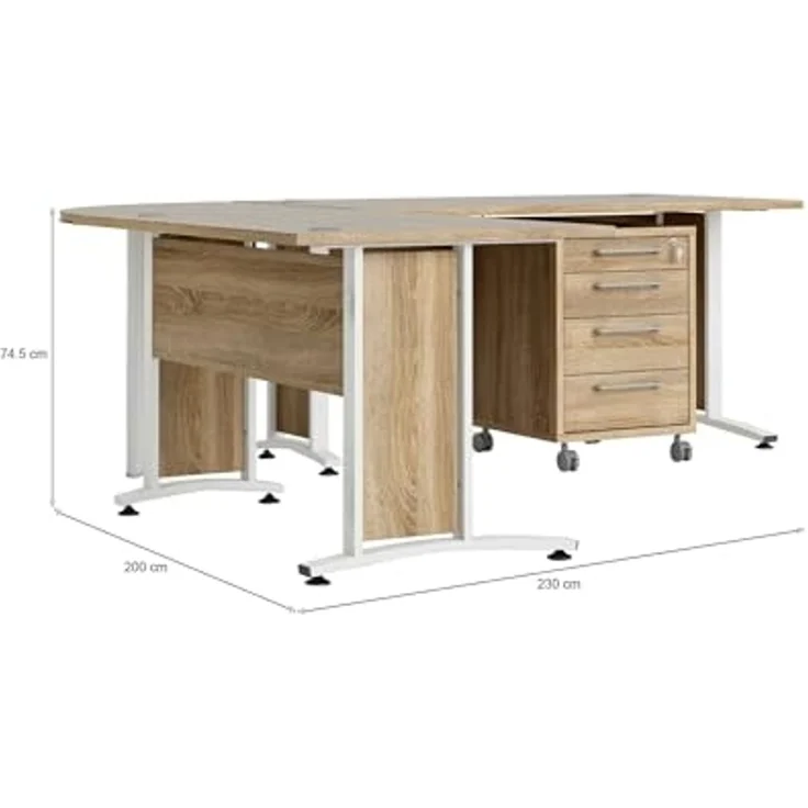 Dmora - Schreibtisch Mirella, Mehrzweckschreibtisch, Bürotisch für PC, Eckschreibtisch, 230x200 h75 cm, Eiche und Weiß – Bild 2