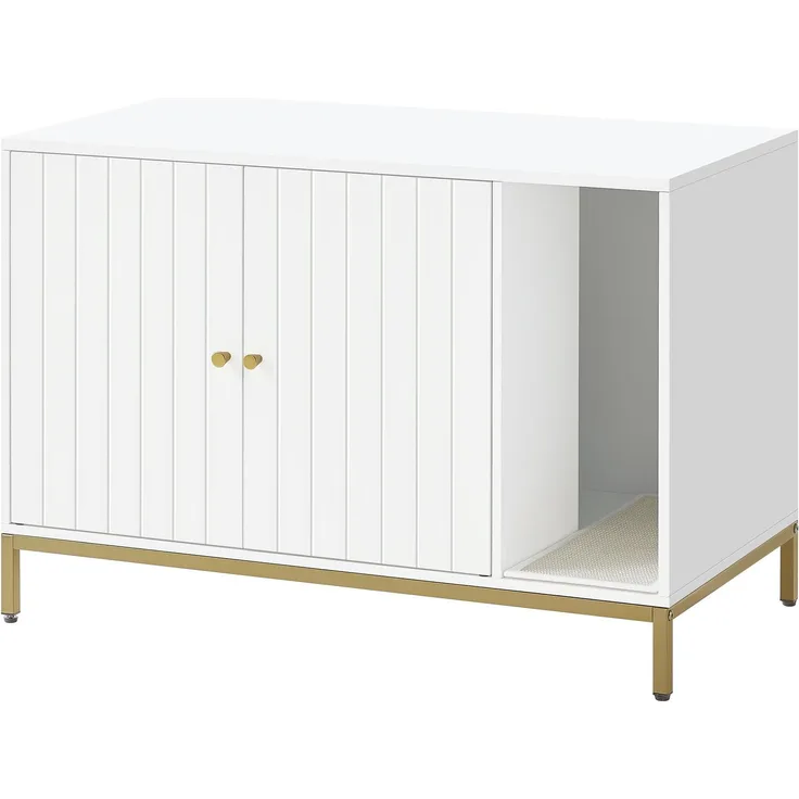 Feandrea Katzenklo-Schrank, Katzenhaus, Katzentoilette, mit Kratzmatte, hohe Beine, für Katzen, Beistelltisch, 90 x 48 x 61,5 cm, weiß-goldfarben PCL027W01
