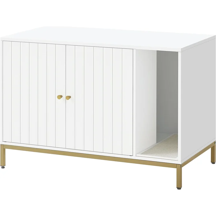 Feandrea Katzenklo-Schrank, Katzenhaus, Katzentoilette, mit Kratzmatte, hohe Beine, für Katzen, Beistelltisch, 90 x 48 x 61,5 cm, weiß-goldfarben PCL027W01