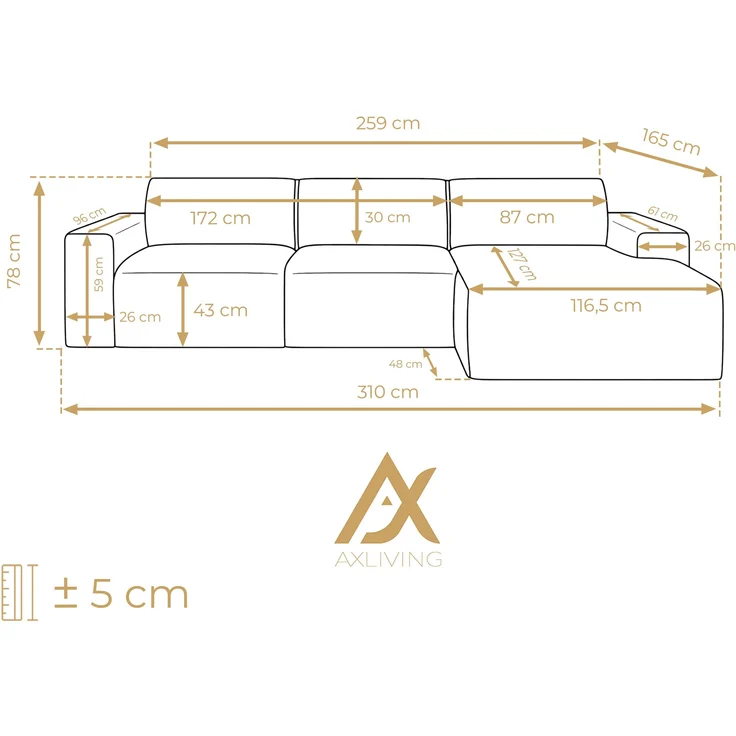AX LIVING Couch Sofa L Form Didim mini Schwarz 310 cm breit, stilvoll R – Bild 4