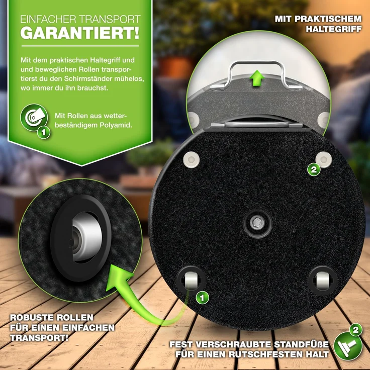 tillvex® Granit Sonnenschirmständer mit Rollen & Teleskopgriff 27 kg Schwarz - Rund | Schirmständer Sonnenschirm mit Edelstahlrohr | Balkonschirmständer für Schirmstöcke 16-48 mm & 300 cm Schirmdurchmesser – Bild 4