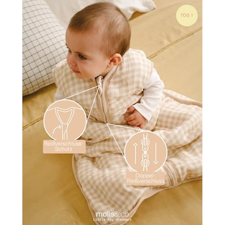 molis&co - Baby Schlafsack ärmellos - Ideal für Frühling und Herbst - Babyschlafsack 1 tog ohne Ärmel - Leicht gepolstert - Babyschlafsack Neugeborene - Premium Bambu Musselin - Vichy Sand (60 cm) – Bild 4