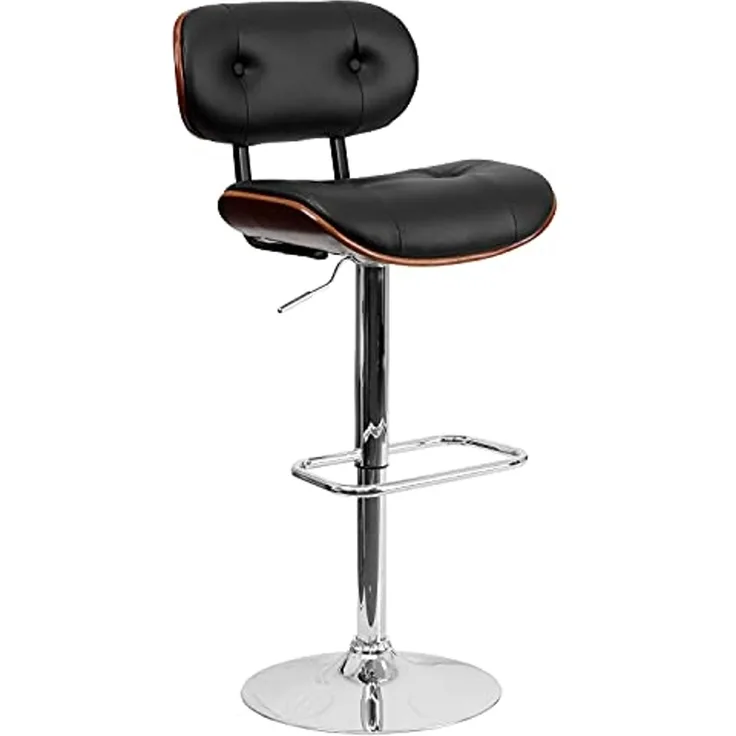 Flash Furniture Barhocker aus Walnussholz mit Verstellbarer Höhe und mit Knöpfen gestepptem schwarzem Vinyl-Polster