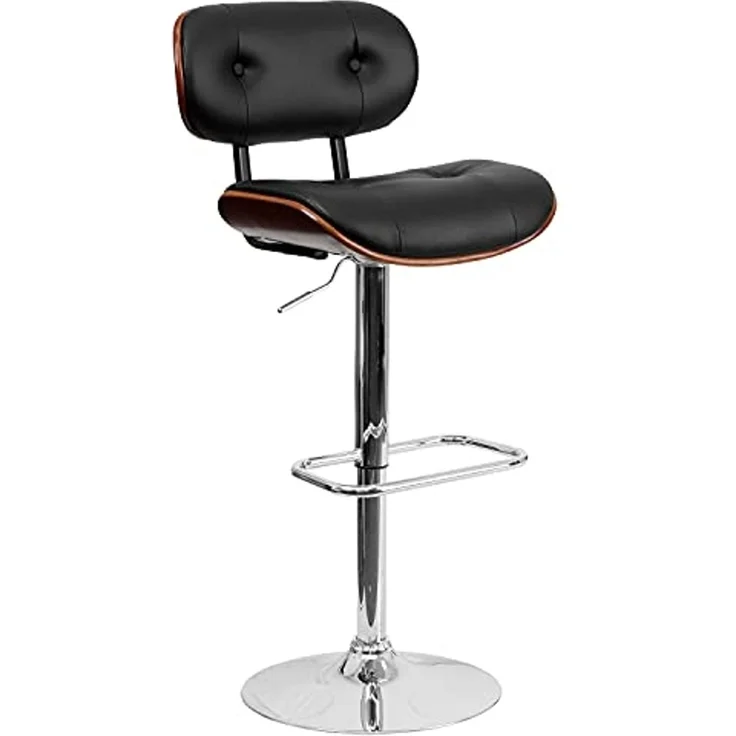 Flash Furniture Barhocker aus Walnussholz mit Verstellbarer Höhe und mit Knöpfen gestepptem schwarzem Vinyl-Polster – Bild 1